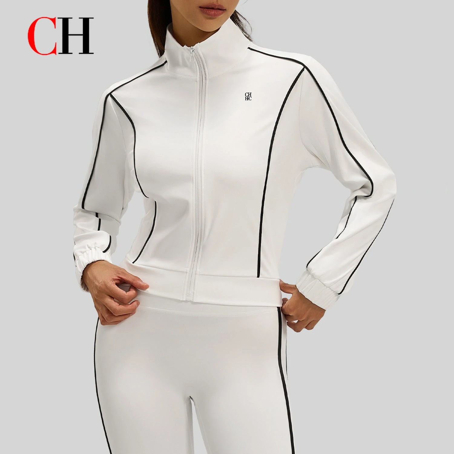CH Women Contrast Trim Zip Up Jacket Long Sleeve Sportswear Stand Collar Running Yoga Fitness Workout Activewear