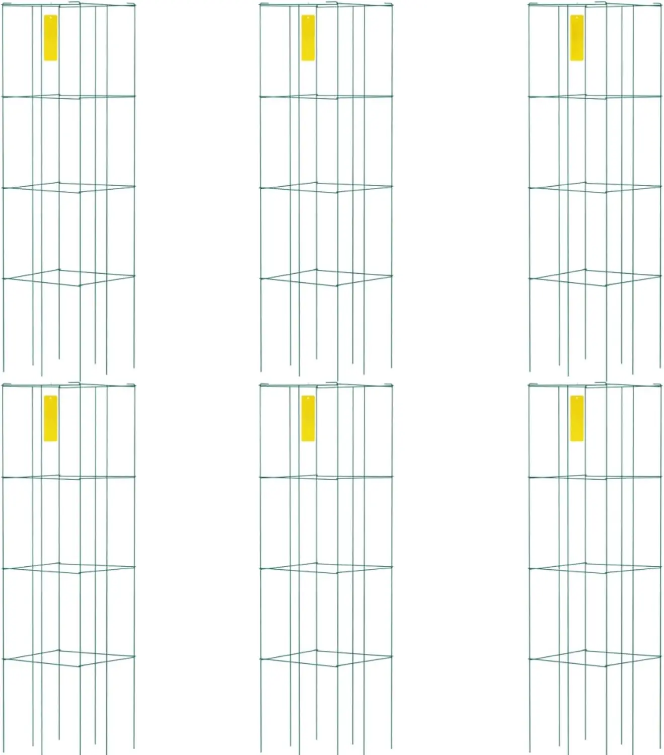 6 Pieces Tomato Cages with Green PVC-Coated Steel Frame and Ground Stakes for Growing Vegetables, Outdoor 3 Tier Square Plant Su