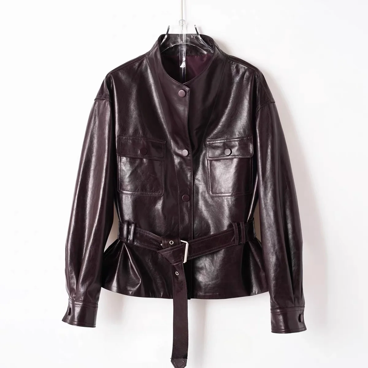 Giacca in Pelle Elegante da Donna 2026, Vestibilità Slim, Maniche a Pipistrello, Cappotto Corto con Cintura Regolabile, Nero