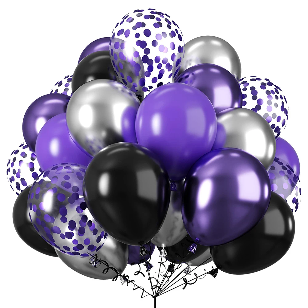 50 high-quality latex balloon sets - purple and black with confetti, perfect for birthdays, weddings, graduation ceremonies, Hal image 2
