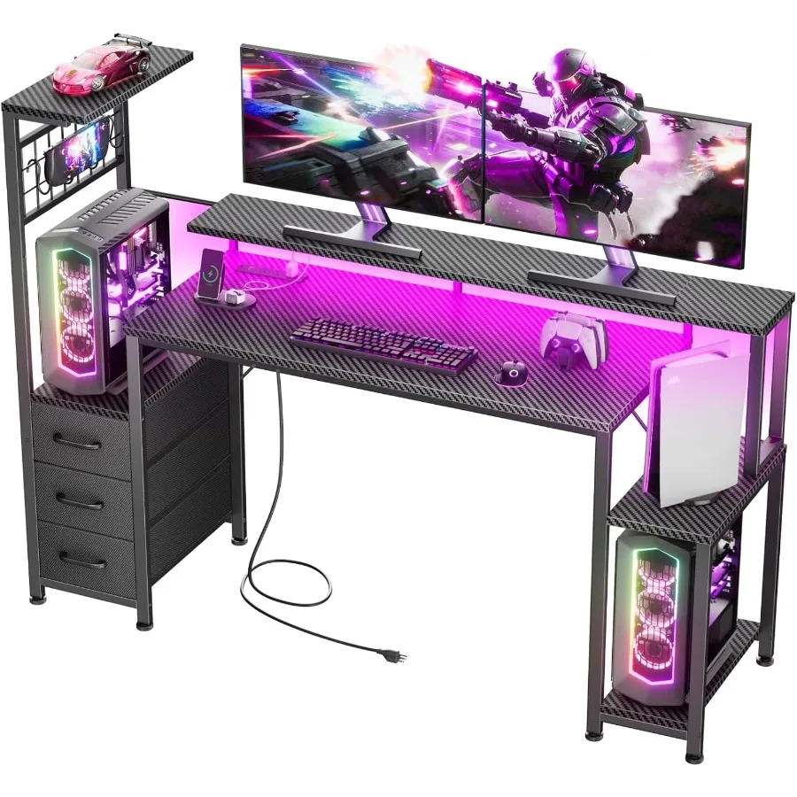 مكتب ألعاب مقاس 55 بوصة مزود بمصابيح LED ومنافذ طاقة مدمجة لإعداد الترفيه المحسن الذي يتميز بأدراج قماشية و #1