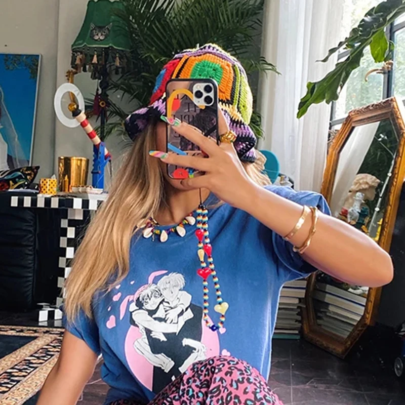 Winter Colorful Handmade Basin Hat Women Men Crochet Bucket Hat Panama Cap Rainbow Flower Knitted Hat  Korean Style Beanies