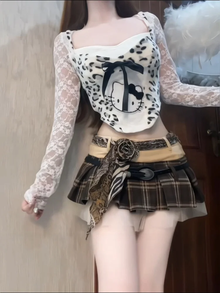 

Комплект XZY Chic: Длинная футболка и юбка А-силуэта для полных женщин, кружевной леопардовый принт, модный, стильный, осенний образ