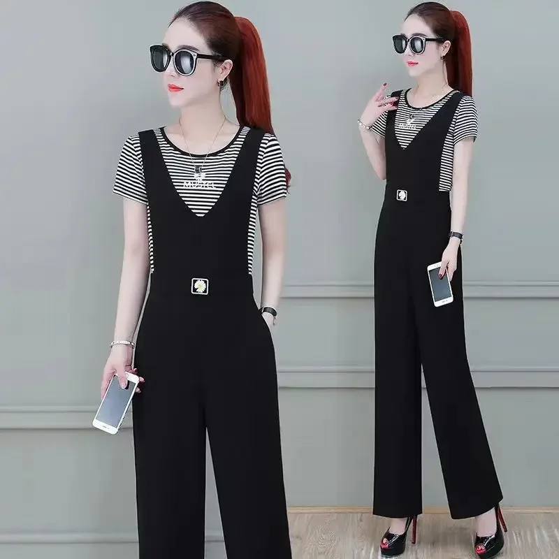 

2025 Spring and Summer New Black Overalls T-shirt Suit High-waisted Thin Wide-leg Pants and Top 2 Two-piece Set Women's Jumpsuit