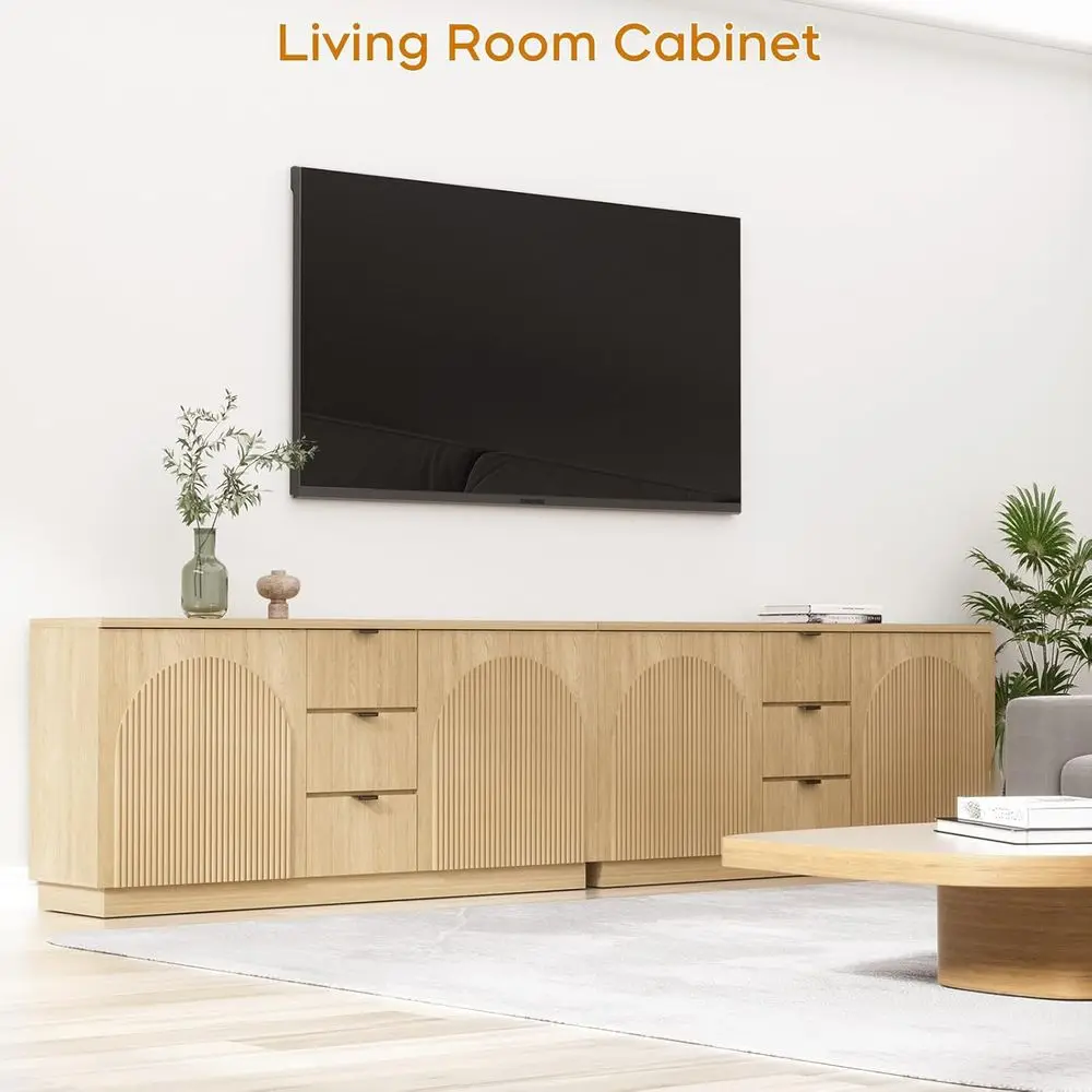 67 Luted Sideboard with 4 Arched Reeded Doors, Modern Century Storage Cabinet, Adjustable Shelves, Suitable for Living Room, Din