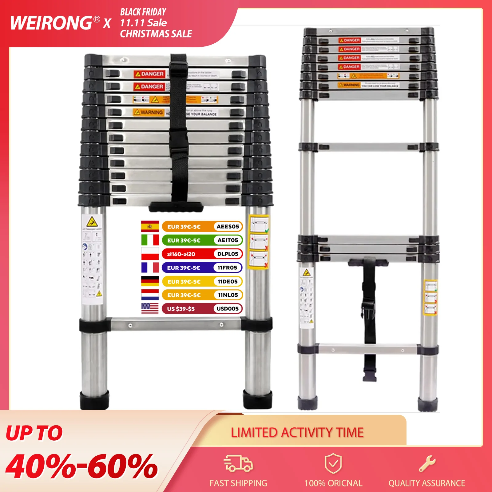 3.8M Telescopic Ladder 12.5FT Multi-Purpose Stainless Steel Extendable Sturdy Loft EN131 for Draw Wall Replace Bulb Repair Roof