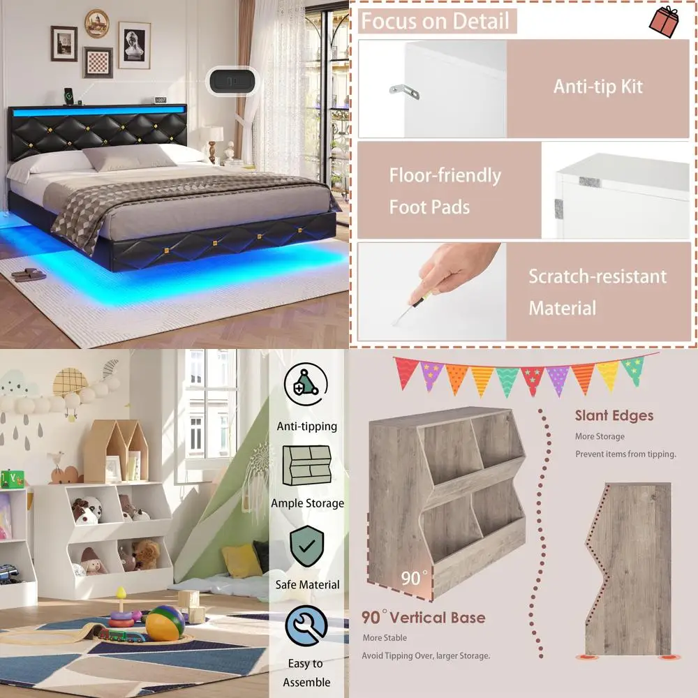 Queen Size Upholstered Platform Bed Frame with LED Lights, Headboard, Type-C and USB Charging Ports