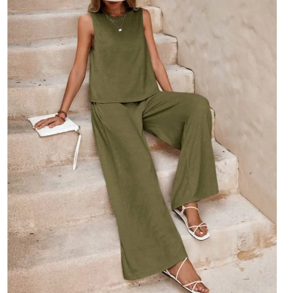

Sleeveless Round Neck Casual Trousers Two-piece Summer New Women's Solid Color Loose Pullover Trousers Set Women's Matching Sets