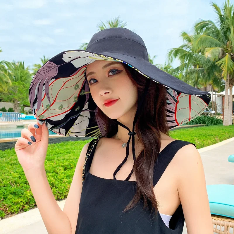 

18cm Large Brim Women Summer Double-sided Brim Hat Sun Protection Flower Beach Cap Lady Outdoor Elegant Sunscreen Headgear