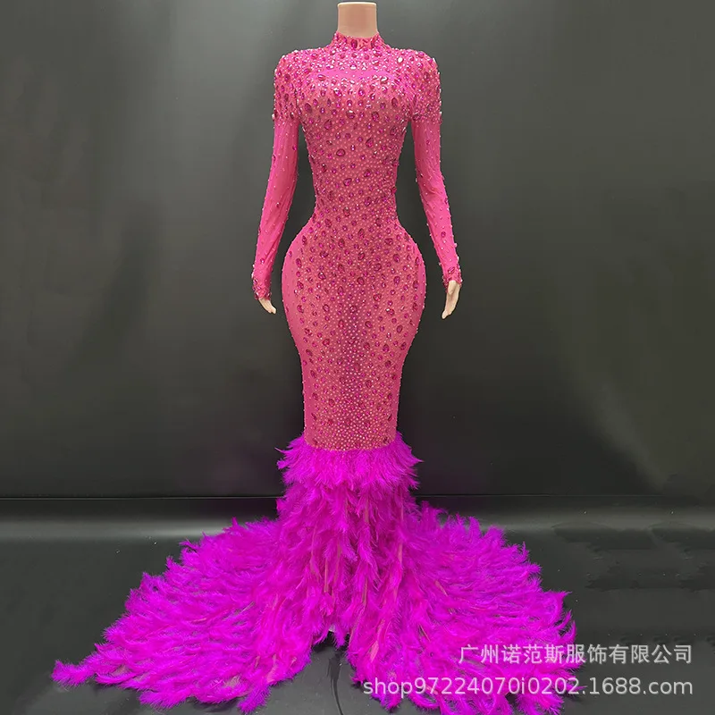 2025 Niche Light Luxury Light Blue Feather Fashion Trailing Dress Birthday Party Shiny Performance Clothes Annual Meeting Dress