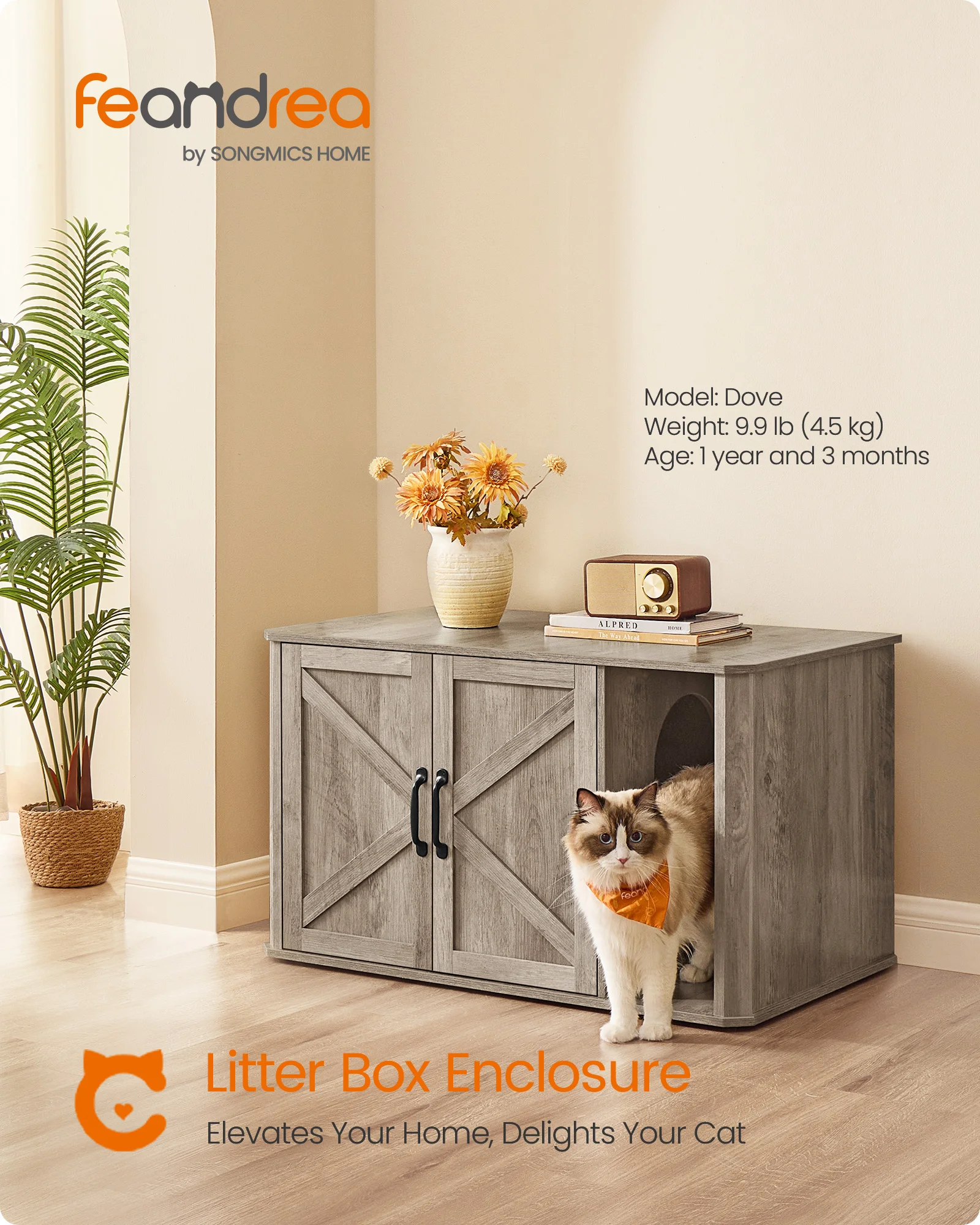 Feandrea Litter Box Enclosure, Modern Cat Litter Box Furniture Hidden, Front Entry, Double Doors, Handles, Cat House