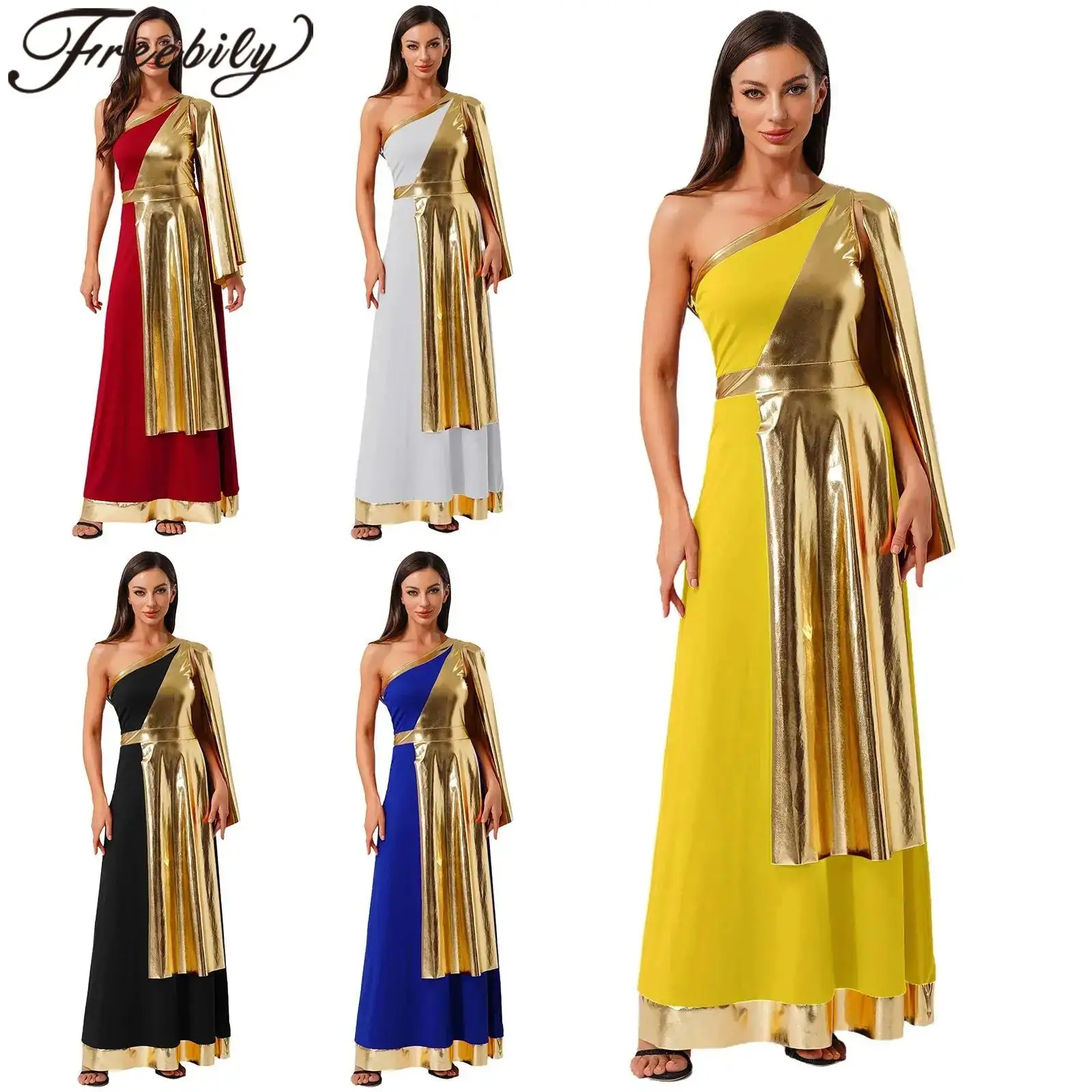 

Womens Ancient Greek Princess Roman Costume Toga Dress Cosplay Tunic Dress with Drape Metallic Shiny Carnival Halloween Costume