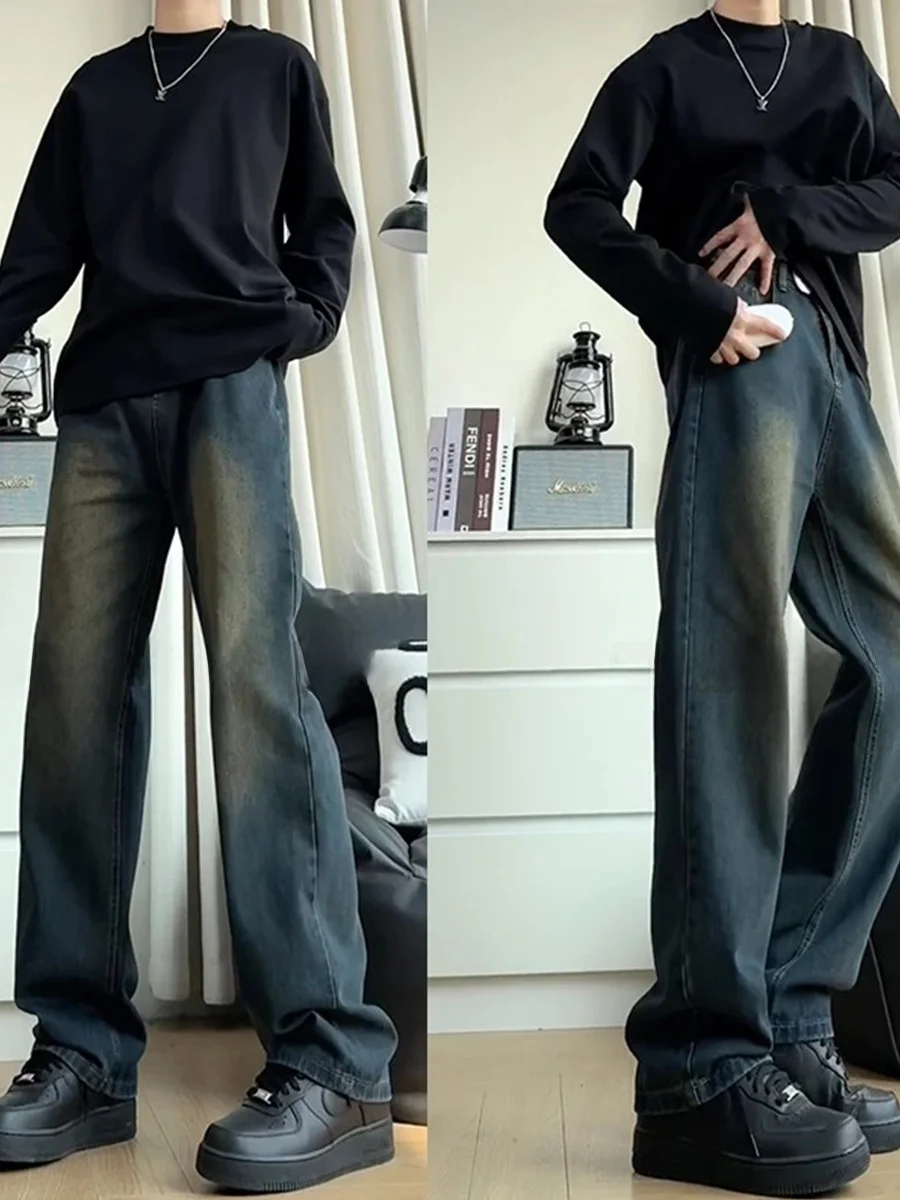 

Retro American Blue Denim Jeans Men's Waed Faded Slim Loose Straight Leg Trousers Youth Trendy Stand Fit Straight Leg Jeans