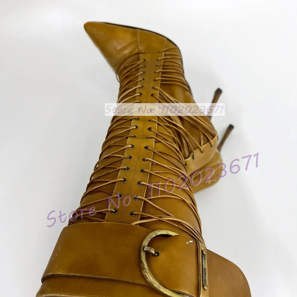 Tan Leather Pointed Toe Mid Boots With Lace Up Detail Women Trendy Belt Buckle Strap Cool Shoes Girl's Cross Tied Tall Boots