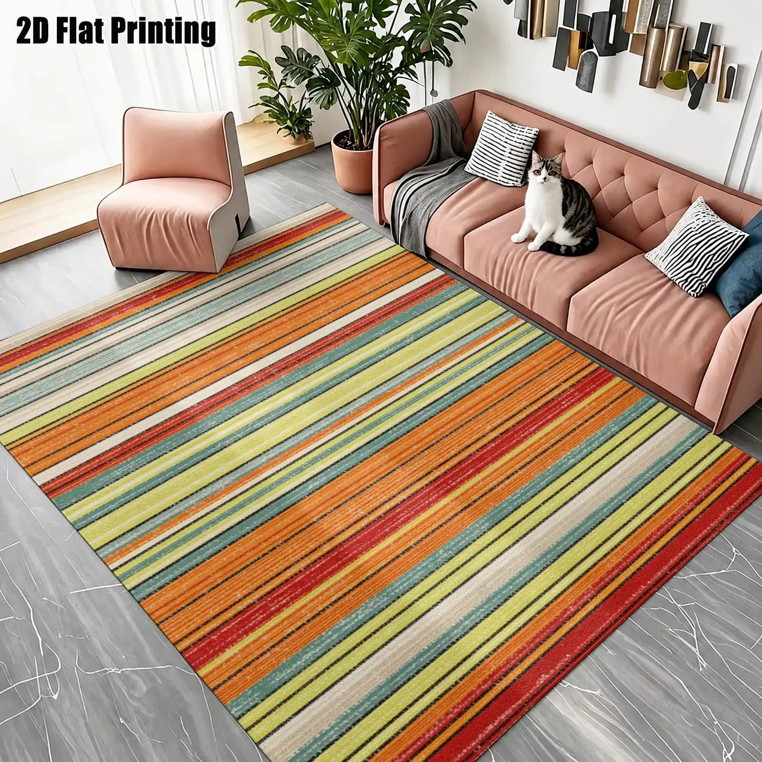 1Pc 2D Printed Retro Stripe Carpet, Modern Minimalist Nordic Geometric Stripe Rug, Home Decor, Multi-Size, Machine Washable, Ideal for Entrance, Dining, Foyer, Living Room, Bedroom