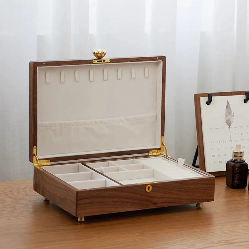 

High-End Solid Wood Jewelry Box with Lock, Double-Layer Large Capacity Storage, Organizer for Rings & Necklaces, Wedding Gift