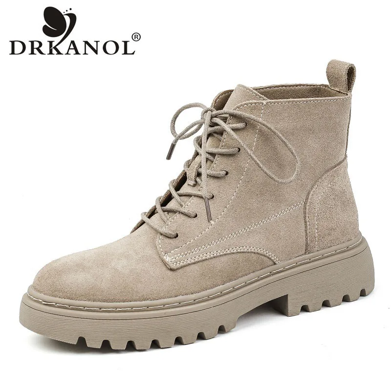 DRKANOL Women Ankle Boots Autumn Winter Warm Shoes College Style High Quality Cow Suede Square Heel Platform Casual Short Boots