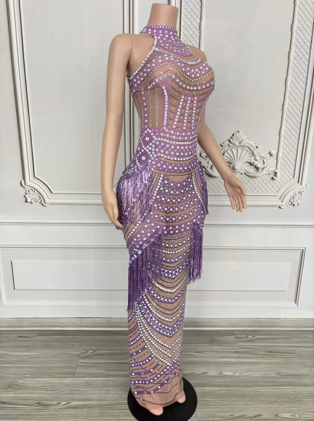 Robe de soirée sexy avec biscuits violets brillants pour femmes, costume de chanteuse, robe de danse jazz, tenue de séance photo sur scène, tricot