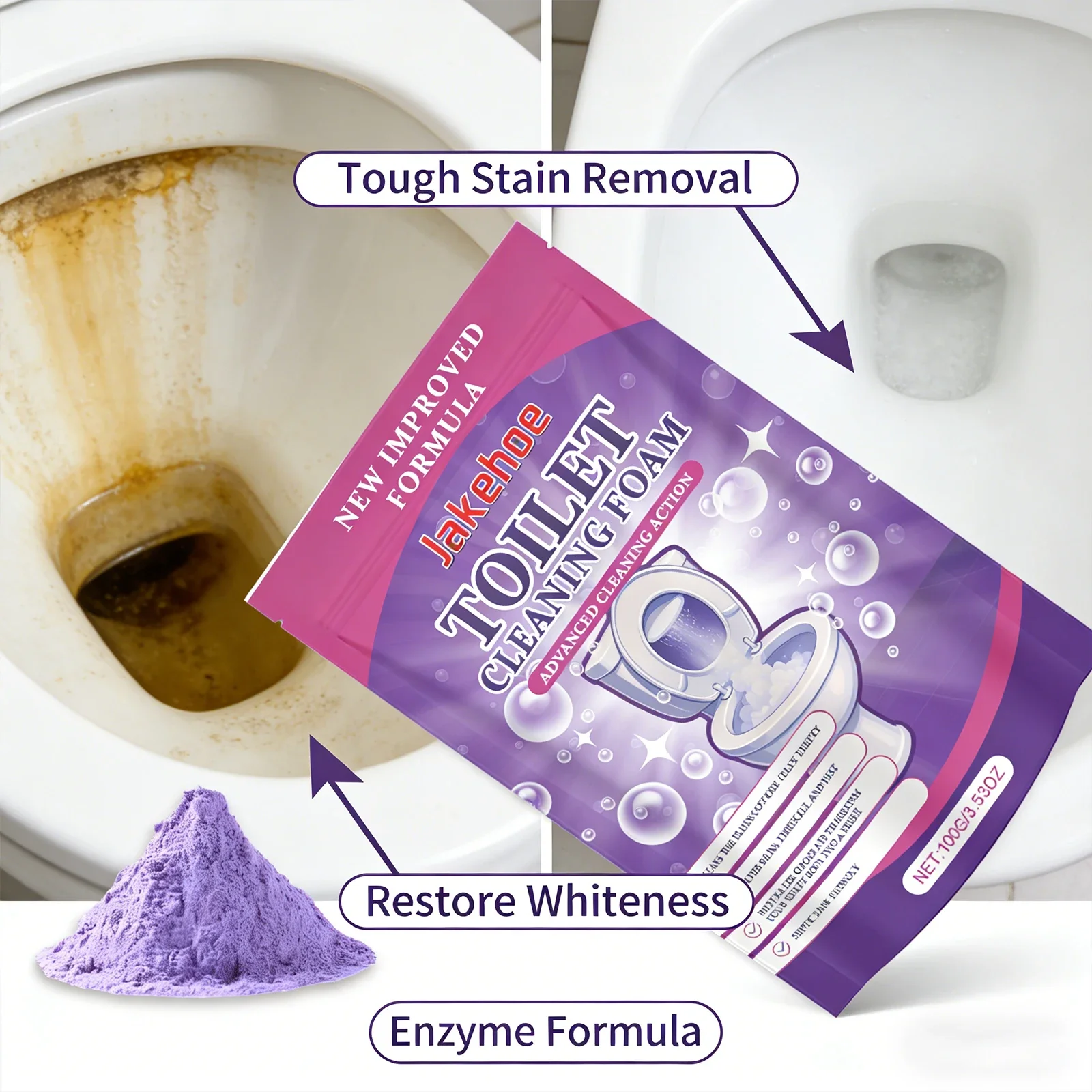 JAKEHOE Toilet Cleaning Powder Deep Clean Yellow Stain Remover Deodorizer Ceramic Surface Care Household Bathroom Cleaner 100g