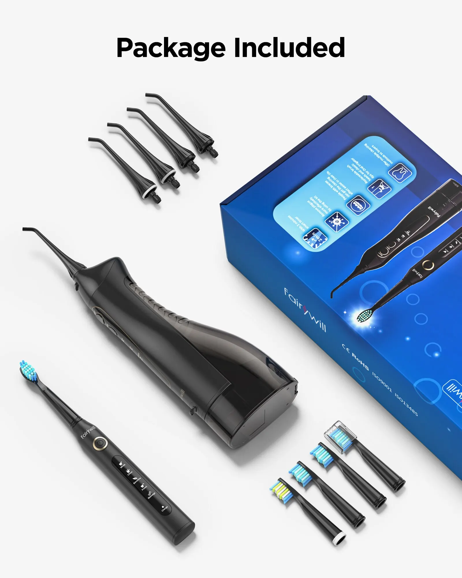 Fairywill Flosser gigi air portabel, irigator pembersih gigi nirkabel USB Oral IPX7 tahan air Set sikat gigi elektrik rumah