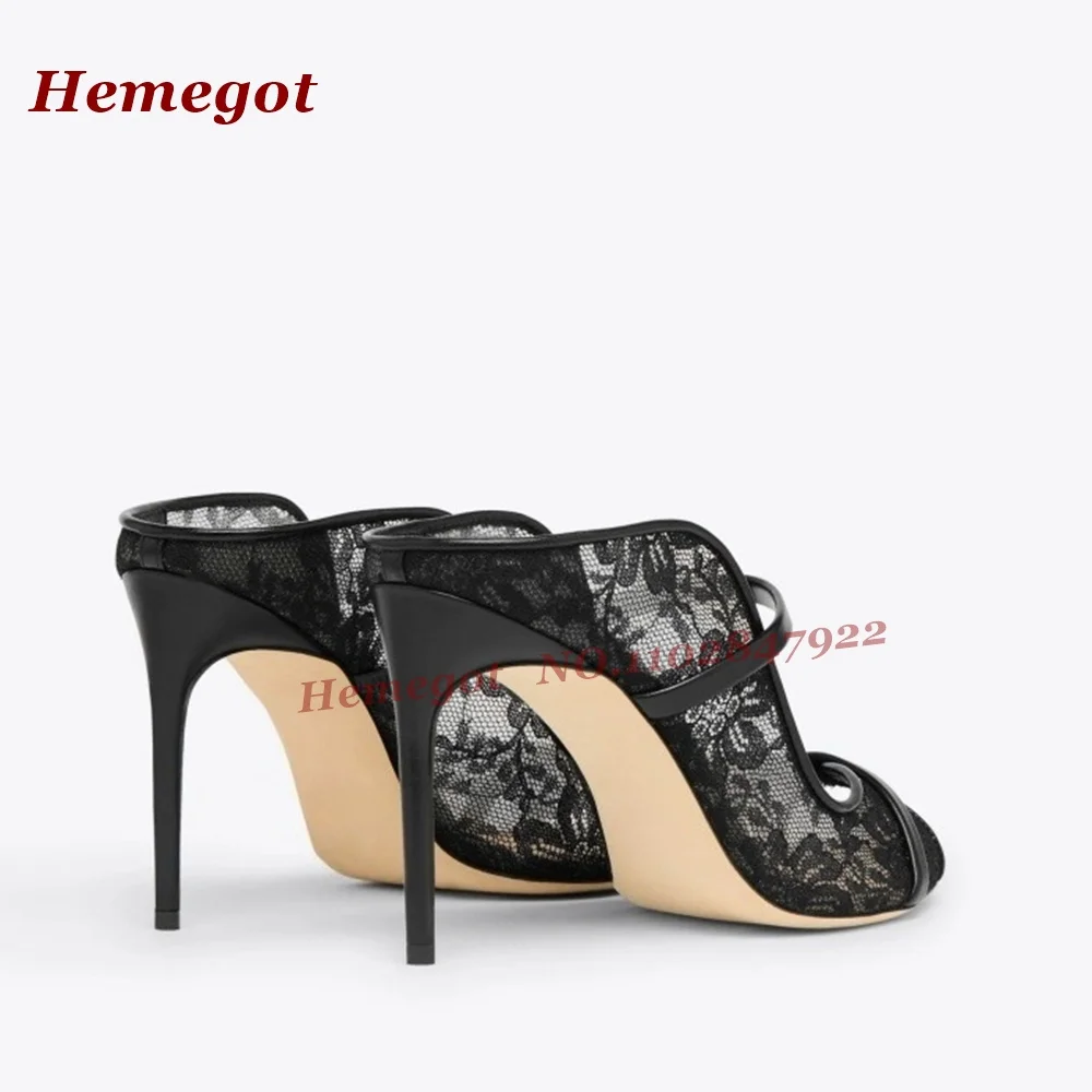 Black Air Mesh Strap Slippers Peep Toe One Strap Stiletto High Heels Women's Slippers Outside Slip On Patchwork Runway Shoes