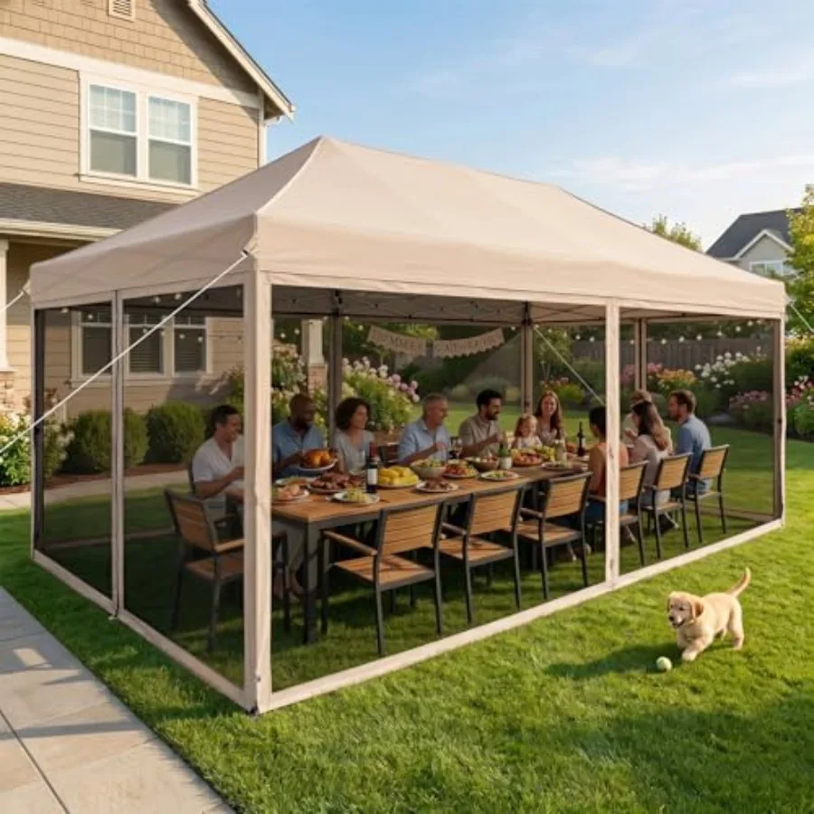 10x20 Pop Up Canopy Tent with Mosquito Netting, Beige Steel Frame, Portable, Waterproof, UV Protection. Ideal for Camping, Part
