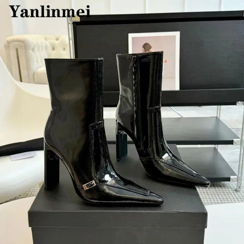 Sexy High Heels Short Boots Women Pointed Toe ZIP Runway Shoes Genuine Leather Modern Boots Black Ankle Boots Woman Botas Mujer