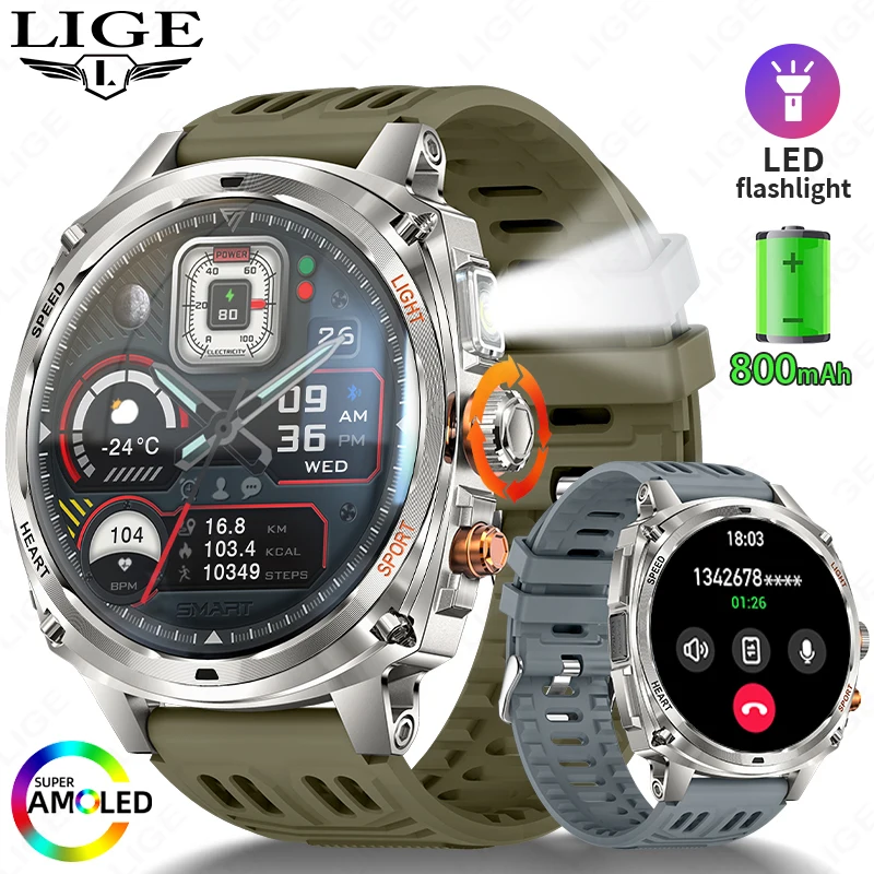

Новинка 2025 года для XIAOMI, уличный фонарик, военные умные часы, 1,75 AMOLED HD-экран, 800 мАч, BT-вызов, 3 атм, водонепроницаемые умные часы