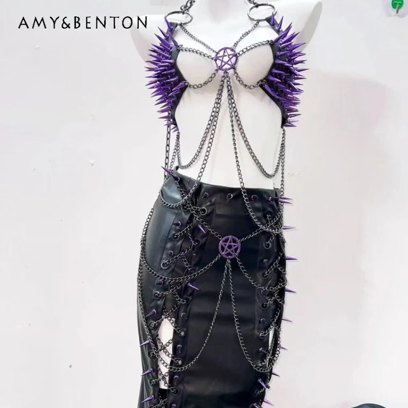 

Женский жилет в стиле панк Sweet Cool Rock Girl с открытыми заклепками, европейско-американский сексуальный комплект длинного платья с пятиконечной звездой и цепочкой, женский комплект