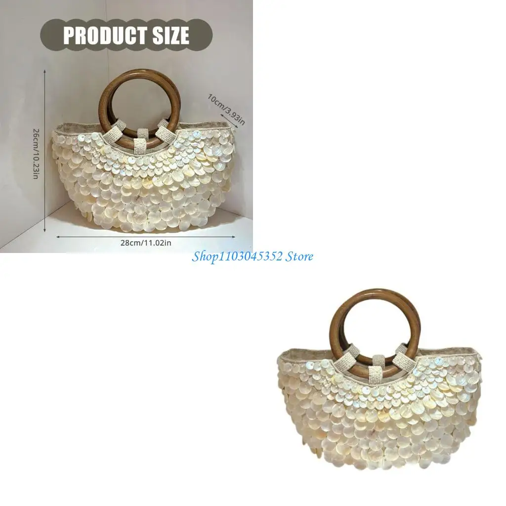 

Пляжная сумка из ракушки ручной работы с деревянной ручкой. Сумка для отпуска в богемном стиле для женщин. Летние путешествия и