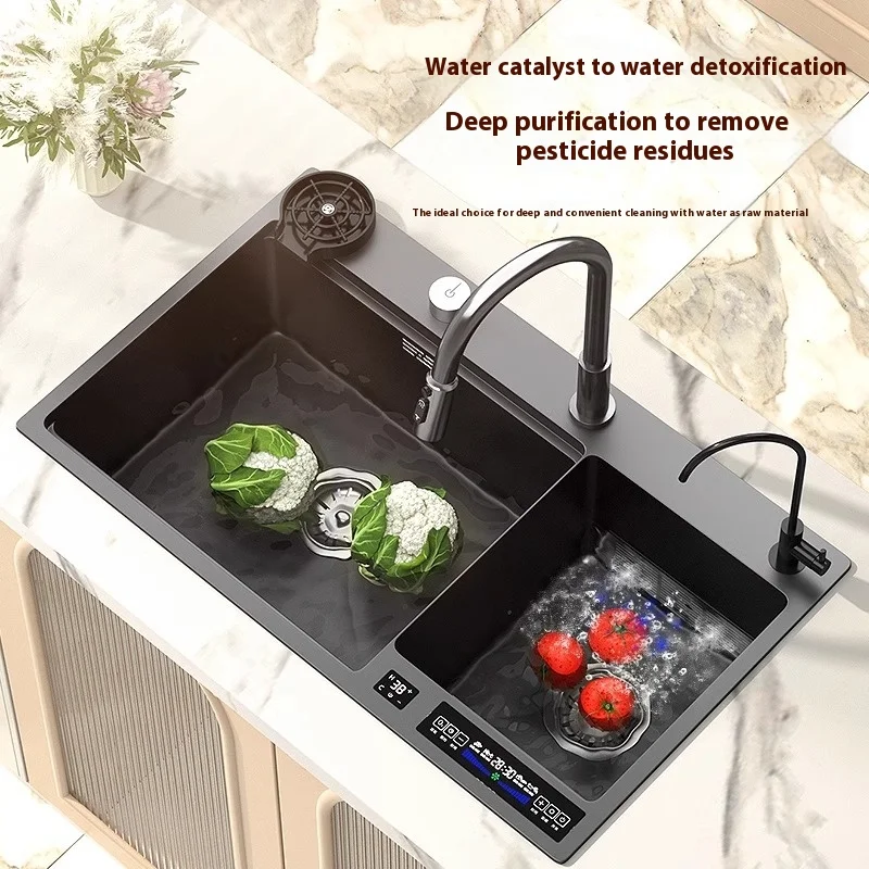 Black Multifunctional Stainless Steel Touch Kitchen Sink Ultrasonic Smart Temperature Control Counter Sink