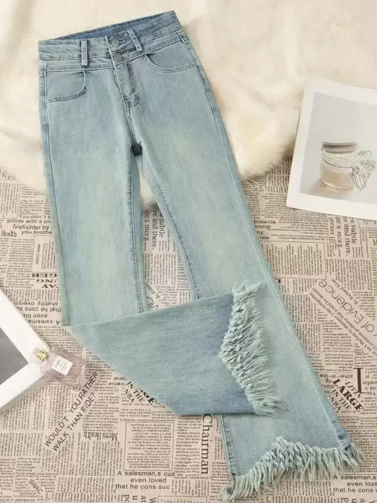 Wijde pijpen hoog getailleerde jeans met franjes dames casual Koreaanse mode slanke vaqueros knoppen vintage streetwear bootcut denim broek