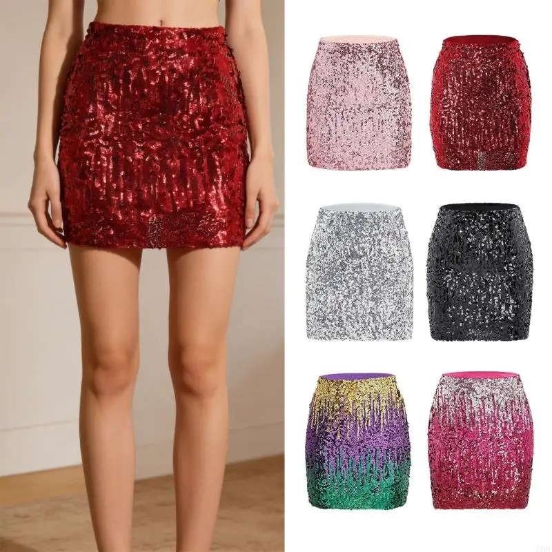 

77HE Женская мини-облегающая юбка с блестками и высокой талией, эластичные юбки с запахом на бедрах для дискотеки, ночного