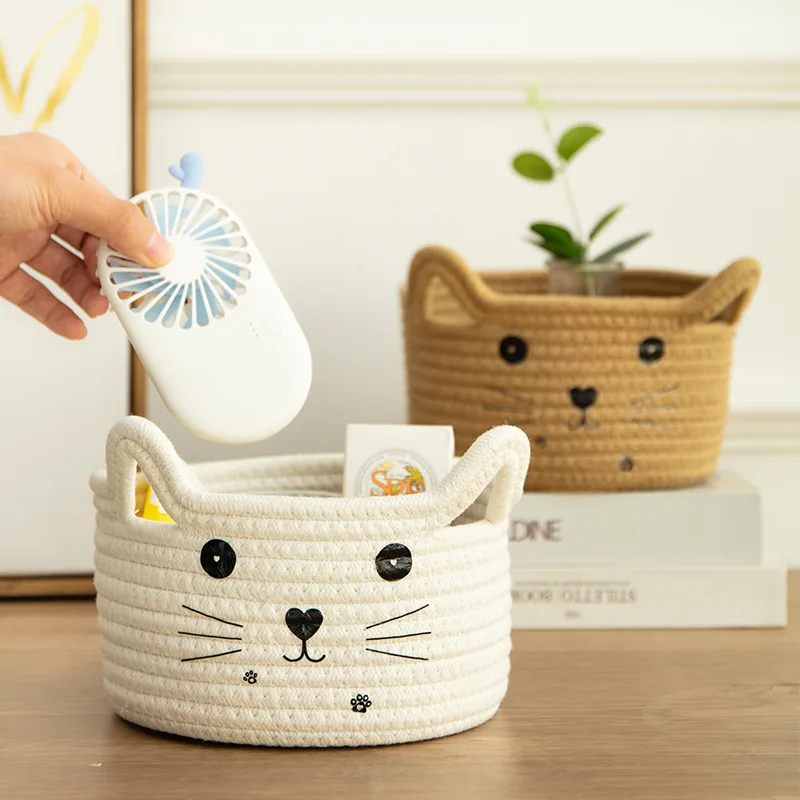 1pcs Cotton Rope Storage Basket Desktop Cosmetic Toy Organizer Home Clutter Storage Bin Cute Animal Pattern Woven Basket