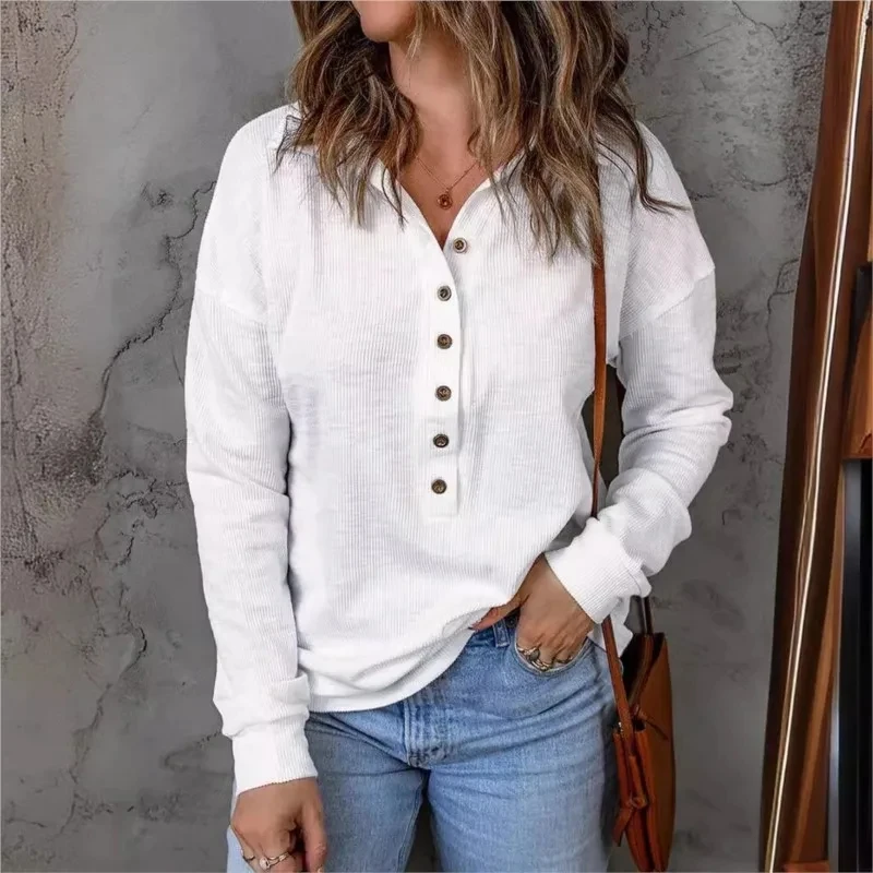 

Tee Shirt Femme Lapel Half Button Solid Color Pullover Top Womens New Daily Commuting Versatile Casual Bottoming Long Sleeve Top