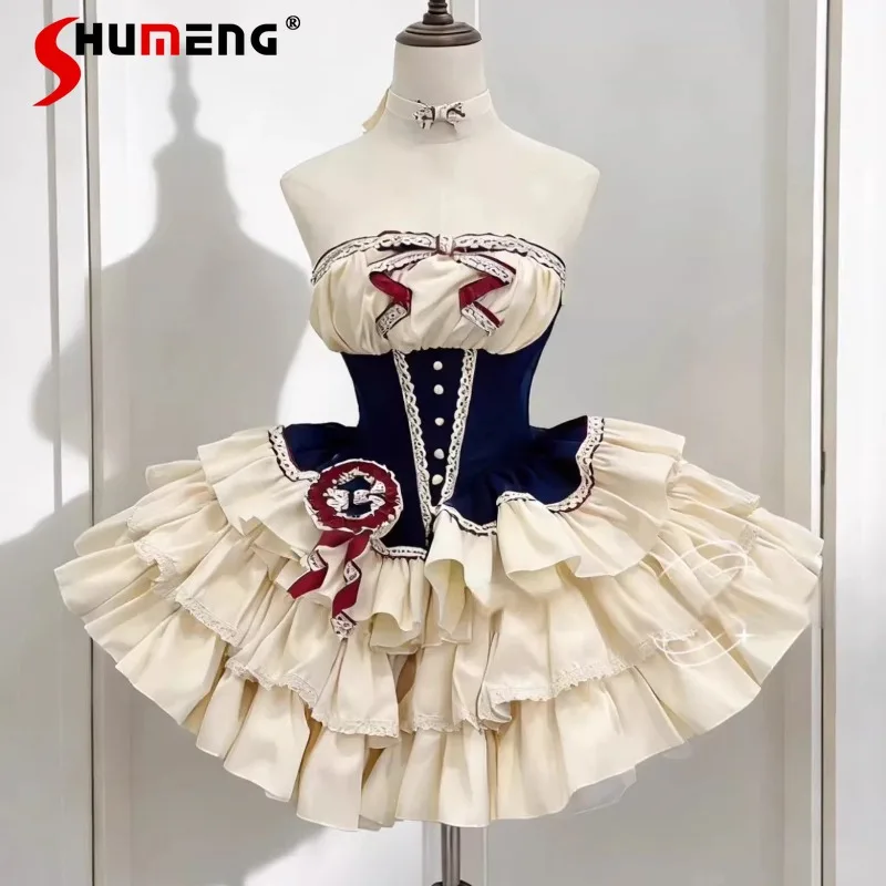 

Japanese Vintage Sweet Lolita Strapless Corset Dress Beautiful Y2k Puff Sleeves Ruffle Hem Cute Princess Party Dresses Ladies