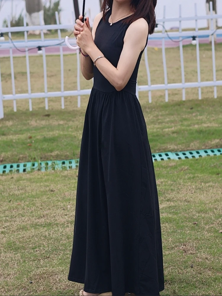 Sukienka maxi damska letnia streetwear tunika vestidos elegancka uniwersalna linia A kobieca temperament harajuku jednolity kolor miękka vintage