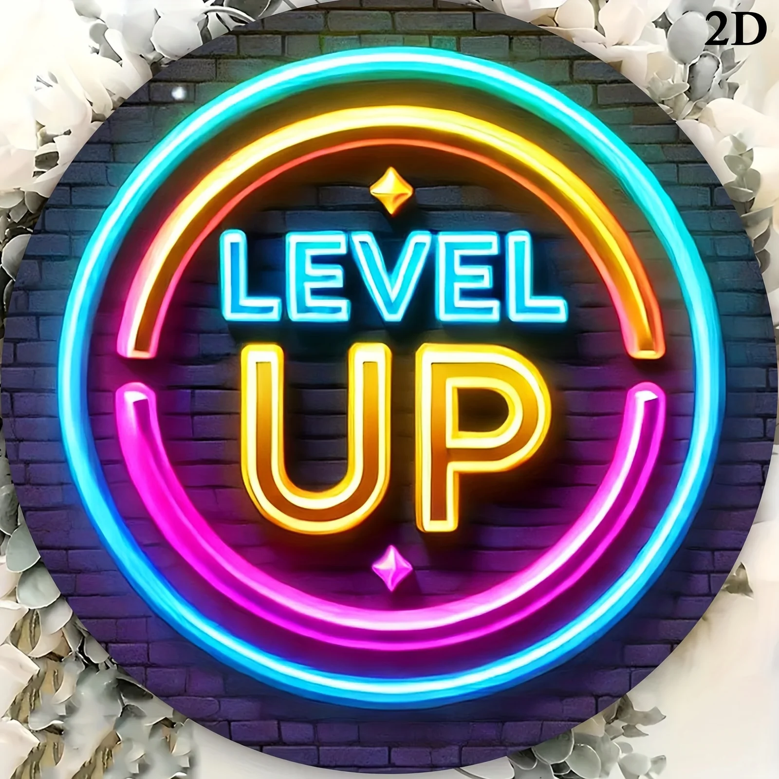 2D Flat Neon Level Up Game Metal Sign - 7.8x7.8 Inch Round Wall Art for Cafe Bedroom Bar Durable Home Office Gift