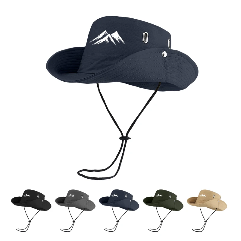 Mountain Print Wide Brim Outdoor Sun Hat Breathable Boonie Hat with Chin Strap for Hiking Camping Fishing