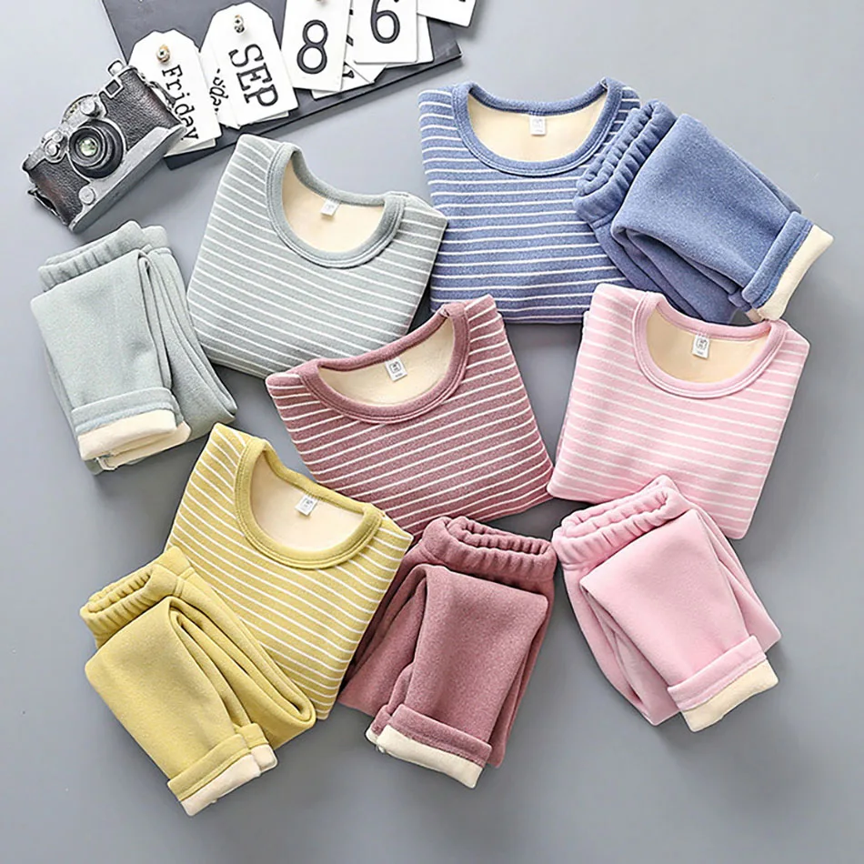 Cozy Plush-Lined Children Striped Sleepwear Fashionable Autumn and Winter Boys and Girls Daily Wear Casual Pajama Sets New