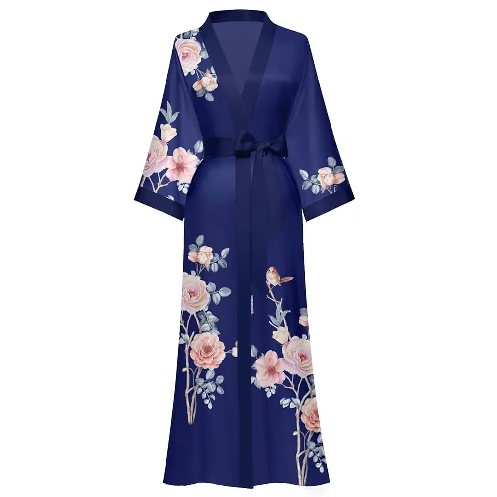 

Women's Silk Kimono Robes Long Bathrobes Female Sleepwear Floral Print Wedding Robe Nightgown Satin Bridesmaid Robes