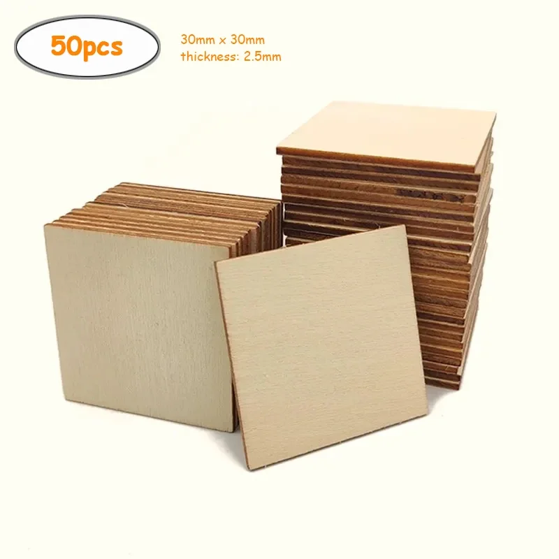 50pcs 3cm Unfinished Wooden Squares Pieces, Natural Blank Wood Slices Wooden Square Cutout Tiles for Crafts, Cup Coasters