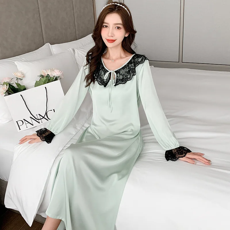 

Silky Sexy Nuisette Femme Homewear Lace Crew Neck Edge Sleepdess Comfort Long Sleeve Nightd Ress Loose Bow Home Dress Nighrgown