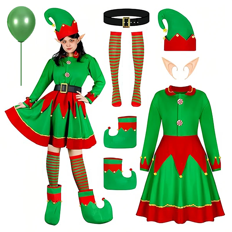 2-12Y Girls Christmas Elf Costume Dress Velvet Elf Dress Up Santa Helper Costume 2025 New Year Stock Hat Belt Xmas Party Dress