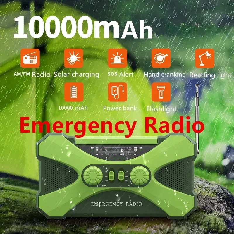 Emergency Radio Portable AM/FM/NOAA Weather Radio 10000mAh USB Hand Crank Solar Radio with Flashlight SOS Alarm Camping Hiking