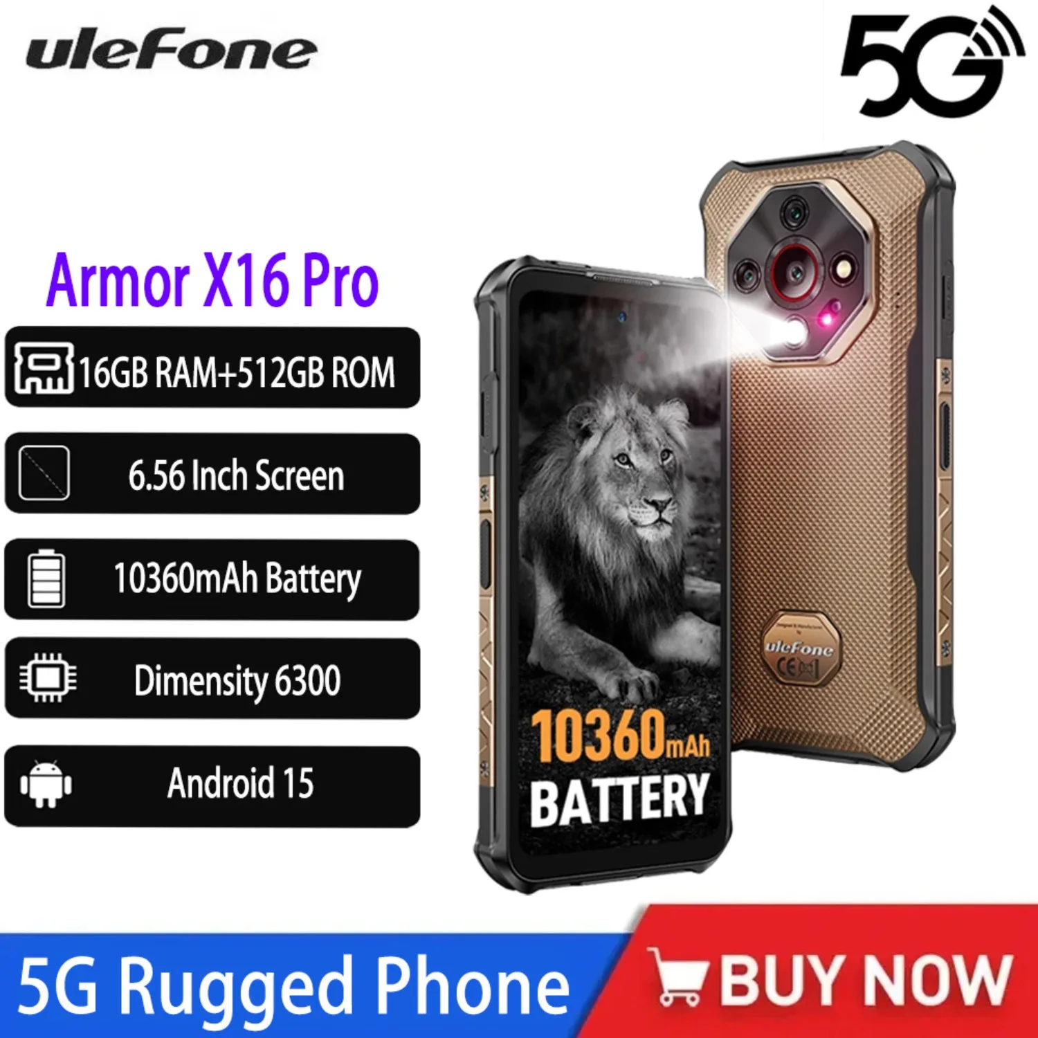 Ulefone Armor X16 Pro 5G هاتف متين بطارية 10360 مللي أمبير في الساعة تصل إلى 16 جيجابايت 256 جيجابايت ROM IR Blaster أندرويد 15 NFC الهاتف الذكي جوجل الجوزاء