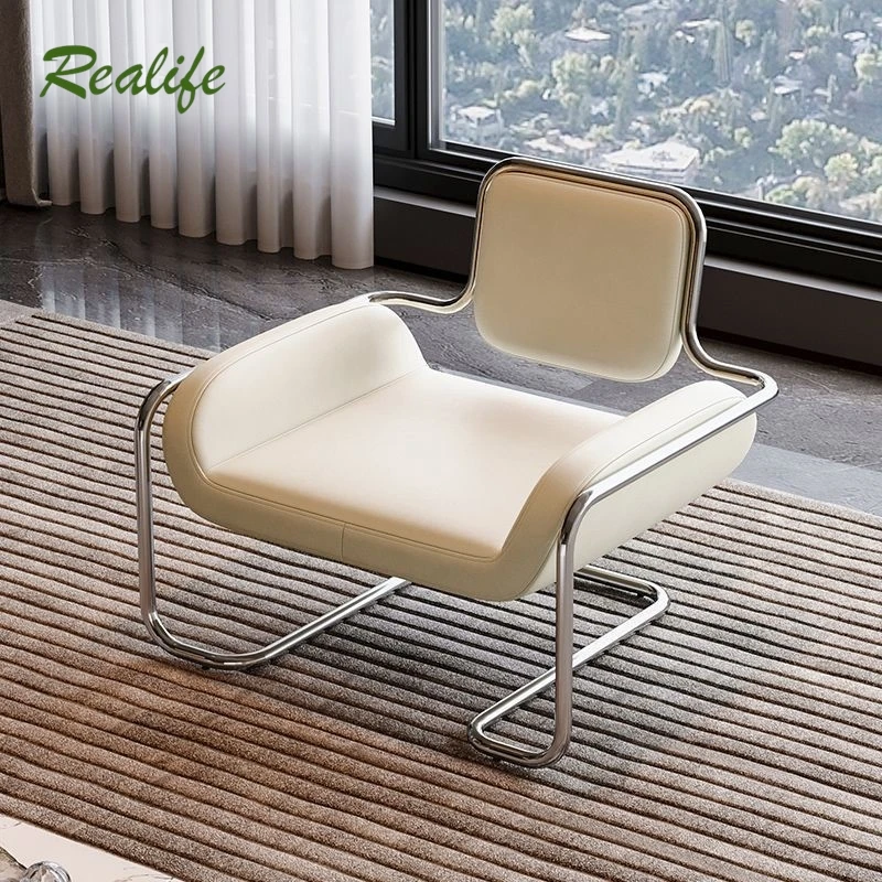 Realife Medieval Stainless Steel Irregular Nappa Leather Convex Chair Light Luxury Minimalist Home Leisure Single Sofa Chair New