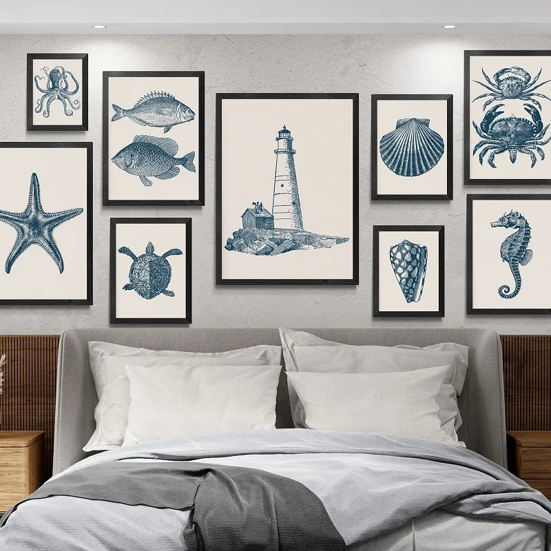 1PC Vintage Sea Shell Fish Starfish Octopus Poster Coastal Nautical Prints Wall Art Picture Canvas Painting for Beach House D