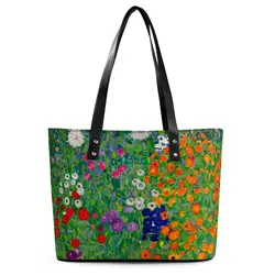 Colorful Floral Handbags Gustav Klimt Print Travel Tote Bag Women Casual Shoulder Bag Graphic Design PU Leather Shopper Bags