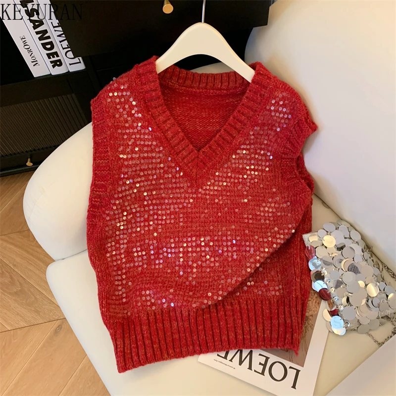 Spring Sequins Sleeveless Knit Vest Women Spring Fall Korean Fashion V-neck Pullover Sweater Vests Jumper Knitwear Tank Crop Top